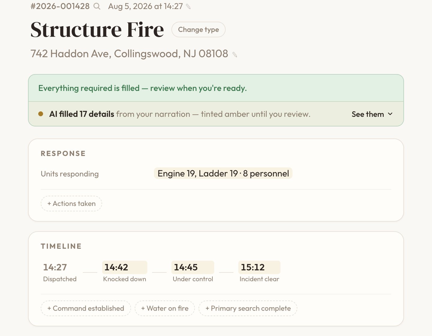 The FireMic demo: a structure fire report at 742 Haddon Ave, Collingswood, with every required field filled and 17 details marked for review.